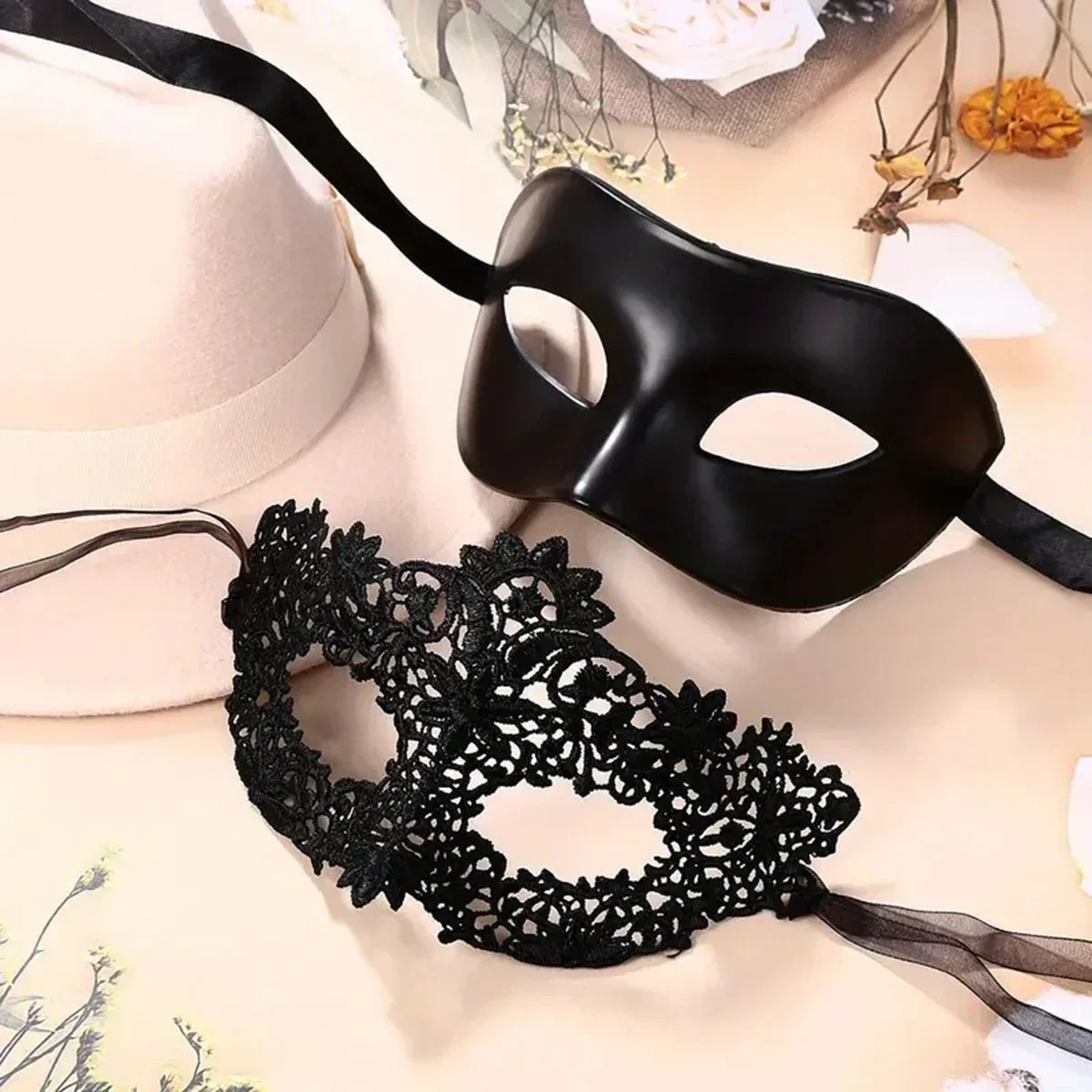 2pcs Elegant Black Lace Masquerade Mask Set for Couples - Perfect for Venetian Party, Mardi Gras, and Halloween Celebrations