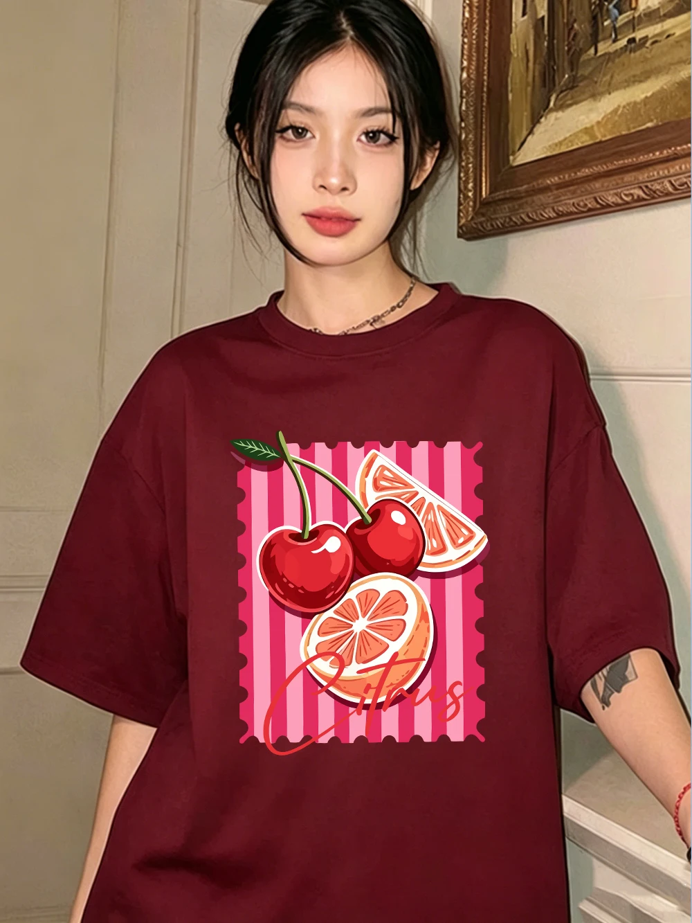 Rote Kirsch-Zitrus-Bedruckte T-Shirts aus Baumwolle für Damen, Sommerliche Oversize-Oberteile, Basic O-Neck Kurzarm-T-Shirts, Lässige Weiche Kleidung – Detail 24