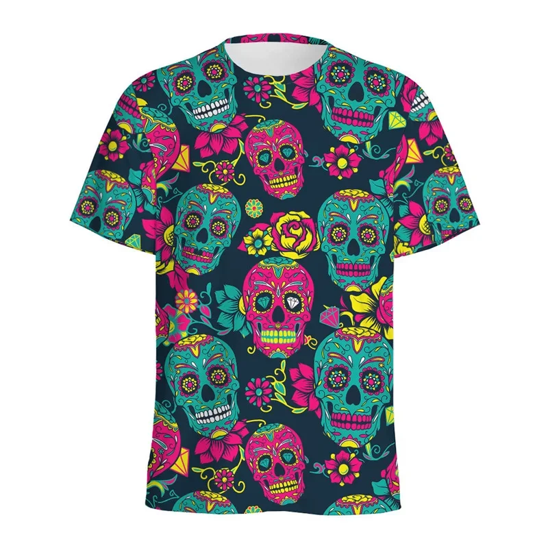 Fashion Mexican Sugar Skull Pattern T-shirt For Men Casual Short Sleeve Tops Summer 3d Printed Rose Graphic Tees Women T Shirts