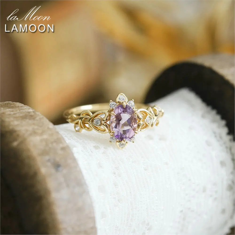 

Кольцо LAMOON с натуральным аметистом для женщин, изысканное ажурное кольцо из стерлингового серебра 925 пробы, позолоченное 14 карат, ювелирные изделия