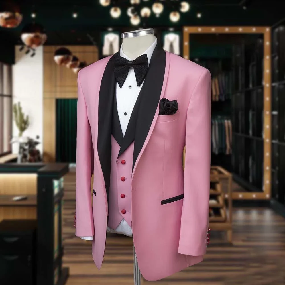 

Bespoke Luxury Male Clothing Gentlemen Handsome Men's Suits Pink Full Sets 3 Piece Jacket Pants Vest Shawl Lapel Blazer 2024