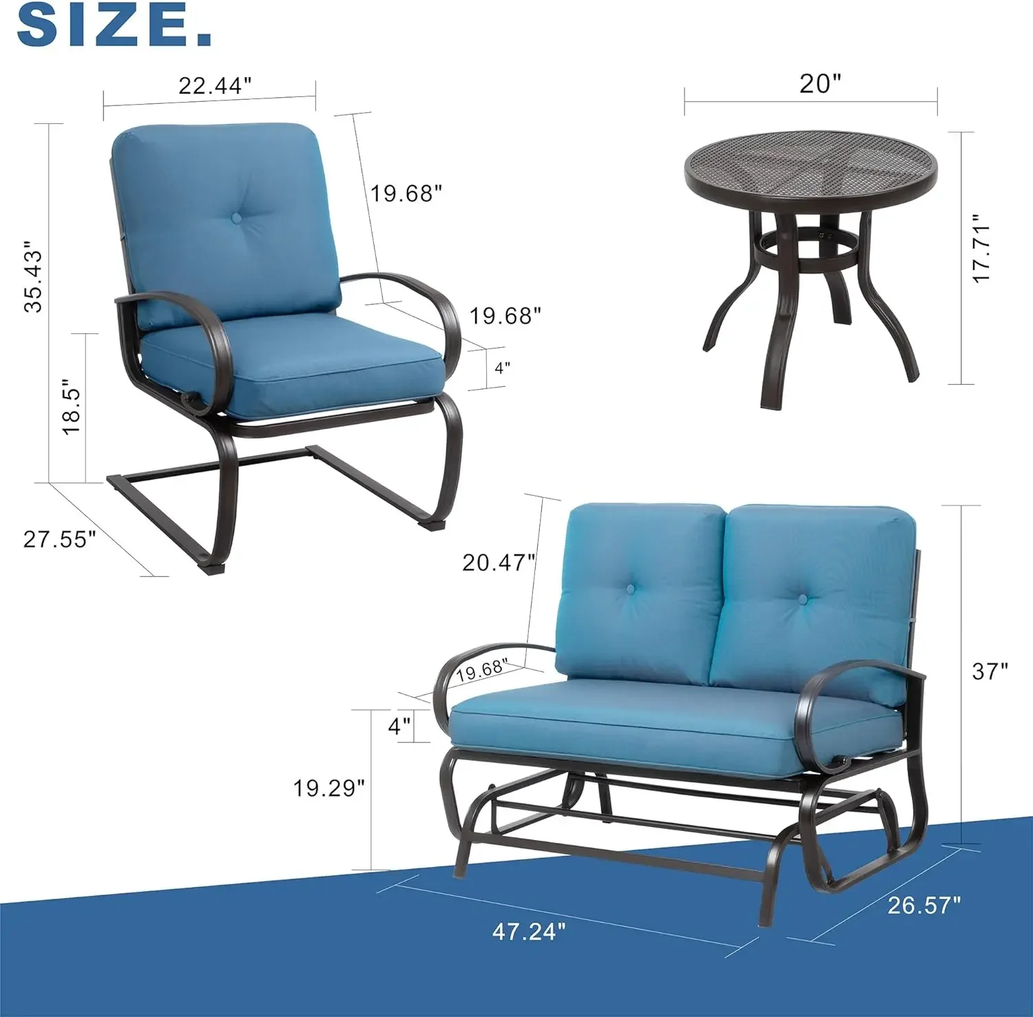 Conjunto de muebles de Patio al aire libre, Set de sillas con marco de hierro y cojines, 4 piezas, planeador Loveseat, mesa de centro, 2 sillas de resorte