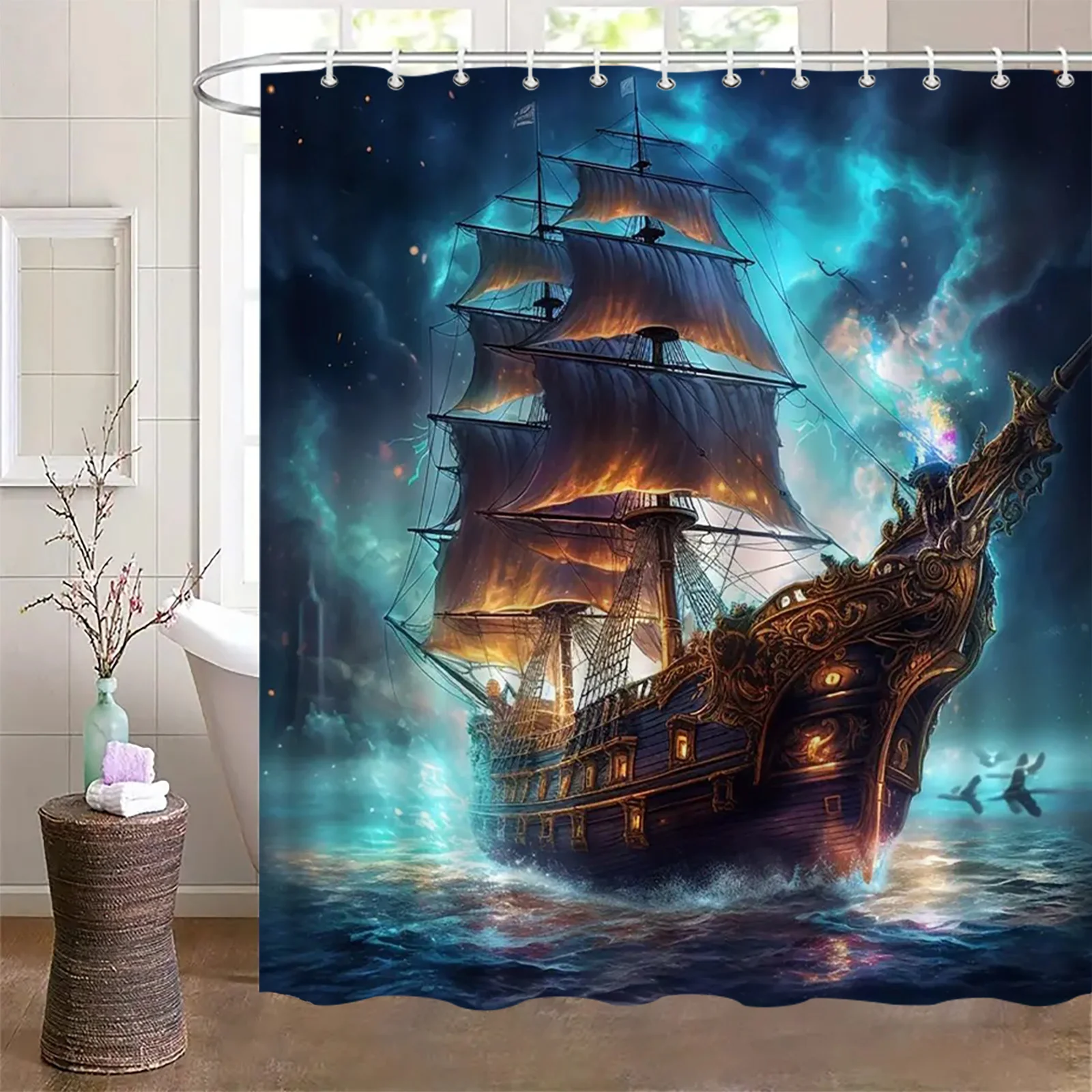 Fantasy  Ship Shower Curtain, Ghost Galleon Sailing in Stormy Sea, 3D Digital Print Bathroom Decor, Waterproof Polyester Fabric