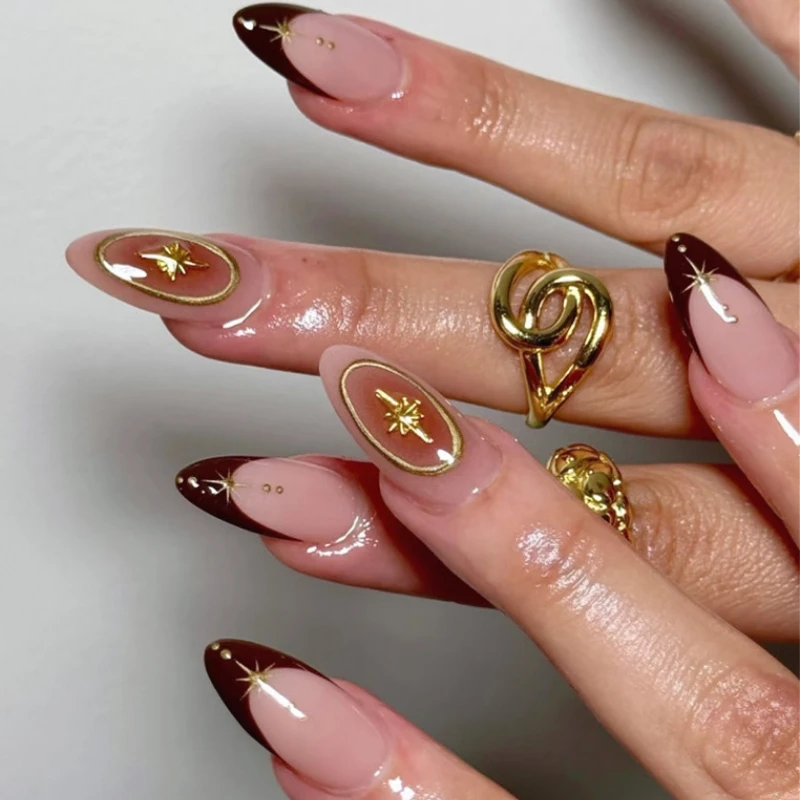 

3D Metal Star Halo Dyeing Brown French Wearable Nail Art Y2K Fashion False Nails Detachable Finished Fake Nails Press on Nails
