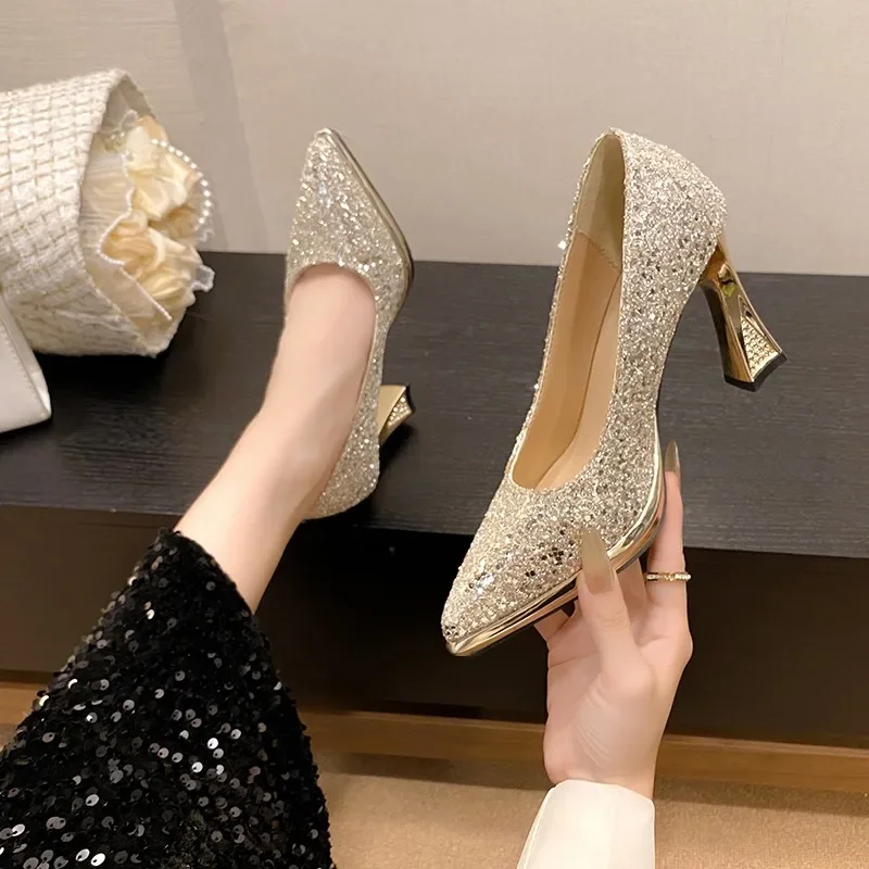 Gold Heels Shallow Mouth Crystal Shoes Brief Pumps Bling Bling Sandals Ladies Pointed Wedge Slip On 2024 Lace-Up Ornaments Sweet