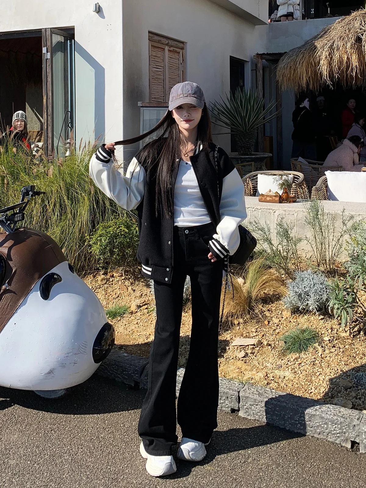 Women's Baseball Jaet Flight Sle Letter Splicing PU Leather Bubble Bead Autumn Winter New Coat Loose Fit Long Sve Butt...