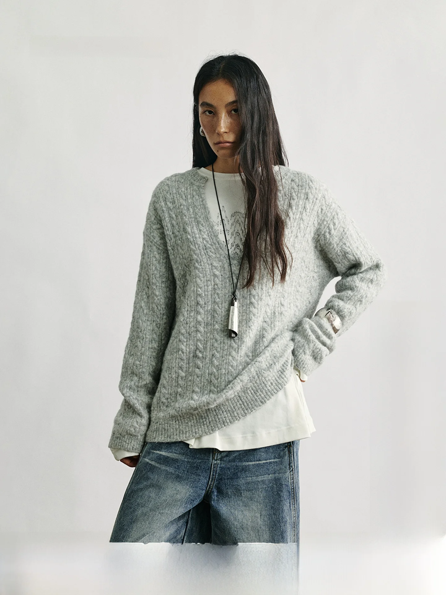 

FAE ey Alpaca Wool Knit V-Ne Sweater Casual Warm Top Winter Garden Camel Hair Twist Women's Loose Fit Long Sve Sweater
