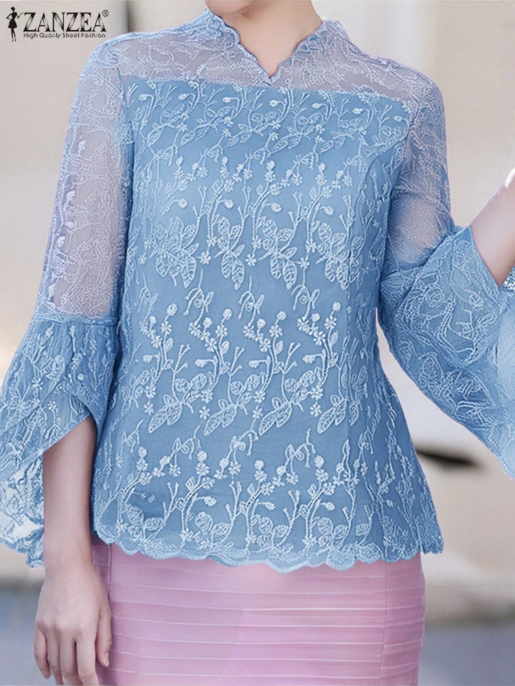 

ZANZEA 2025 Autumn Lace Blouse Women Three Quarter Flare Sleeve Tops Stylish Hollow Out Blusas Casual Loose V Neck Blusas Baggy