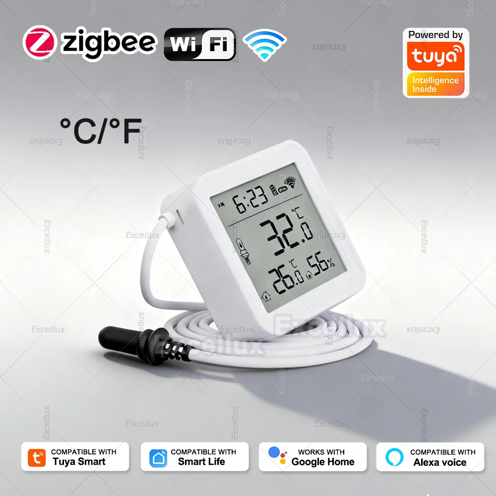 

Tuya WiFi Zigbee Temperature Humidity Meter with External Probe Sensor Digital LCD Screen Thermometer for Fish Tank Freezer Home