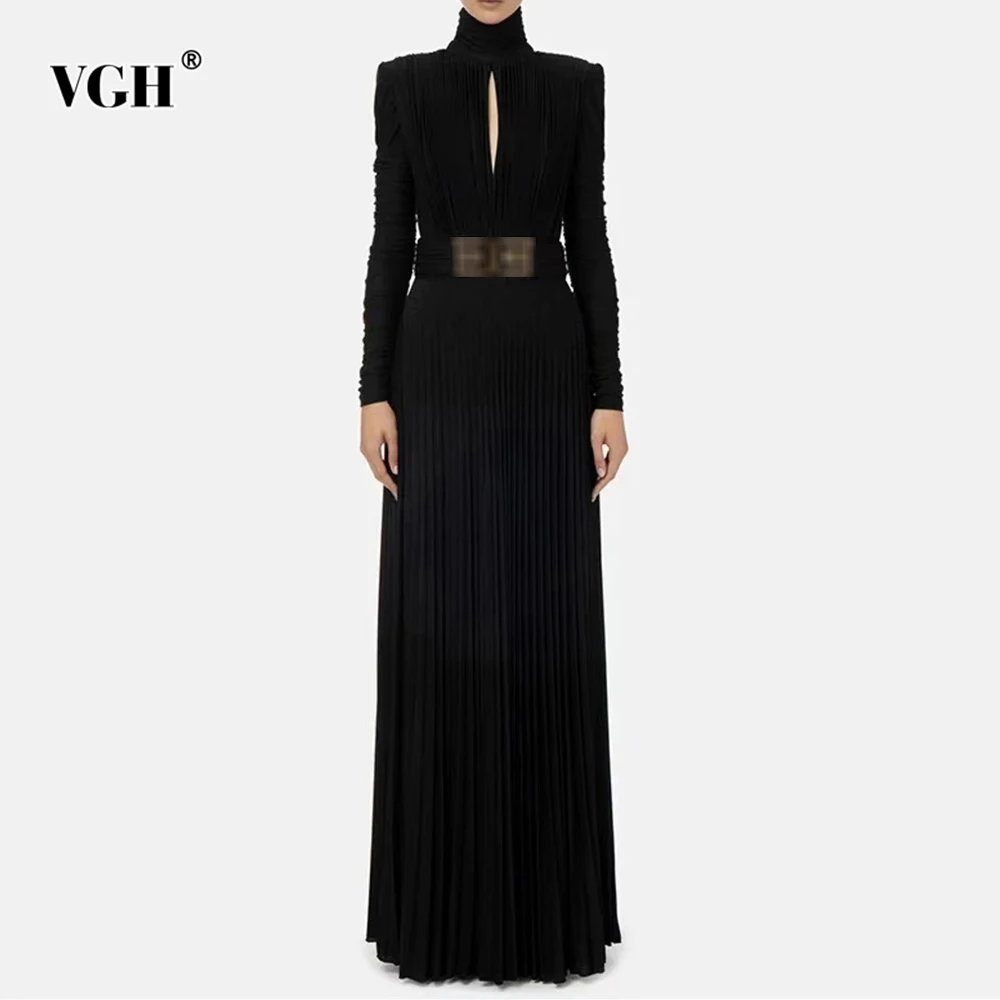 

VGH Solid Spliced Waistband Slimming Dresses for Women Stand Collar Long Sleeve High Waist Temperament Luxury Long Dress Female