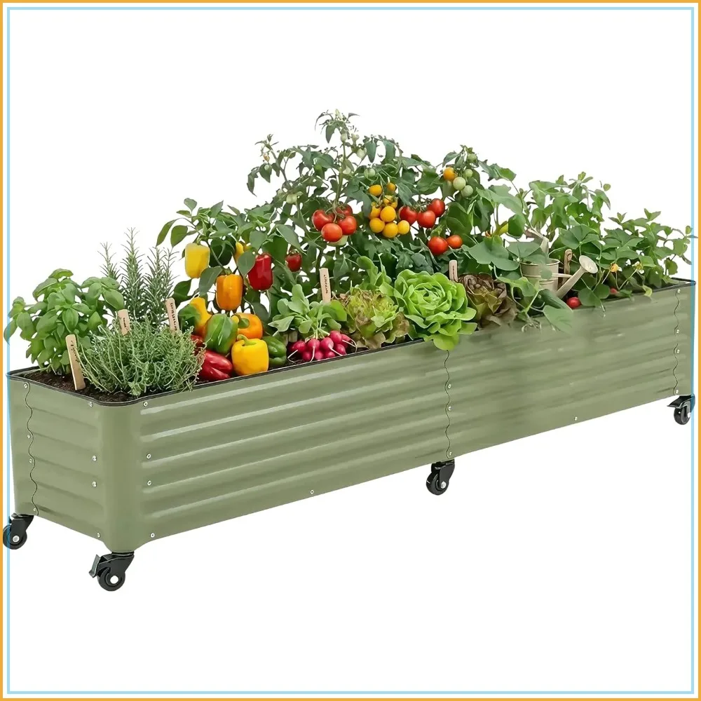 Rolling Metal Raised Garden Bed 1.75' x 8' Mobile Planter for Patio Deck Balcony Olive Green