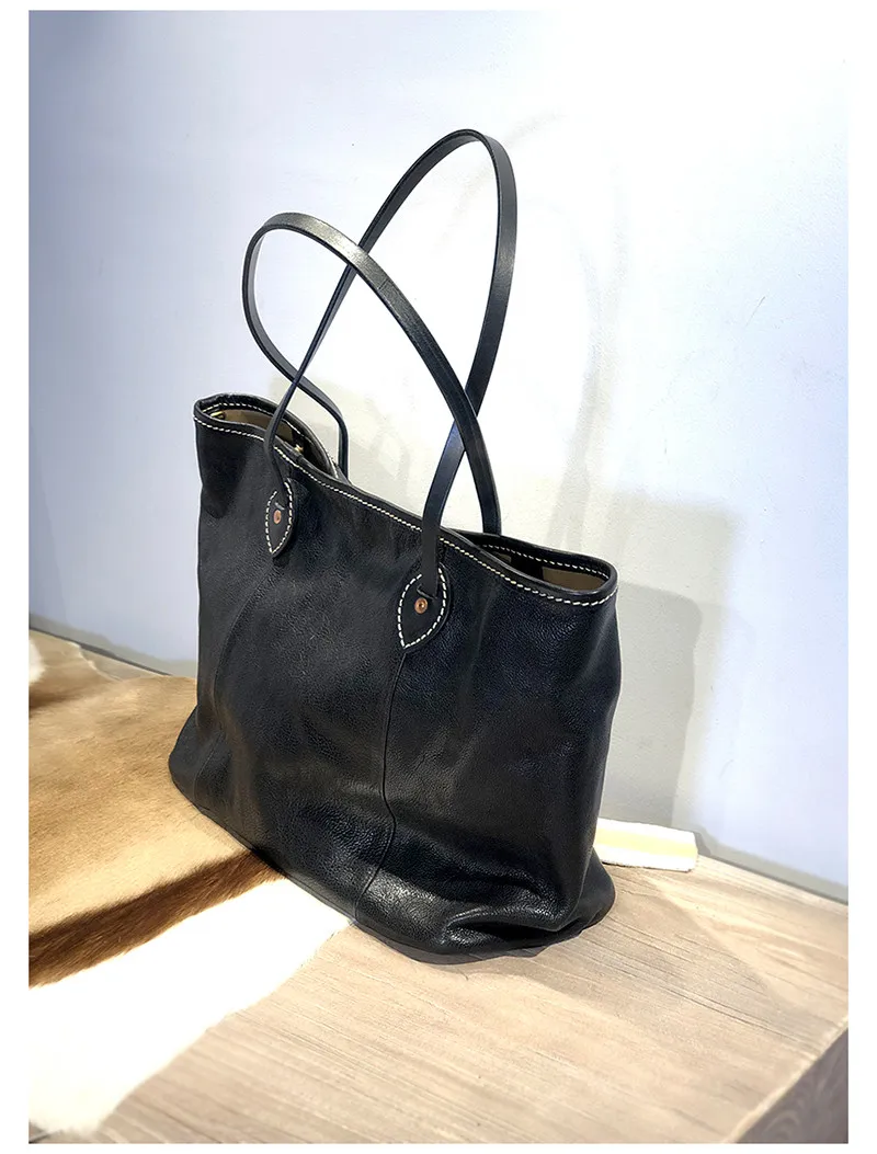 Casual luxury natural genuine leather women black large-capacity tote bag outdoor daily work big handbag shopping shoulder bag