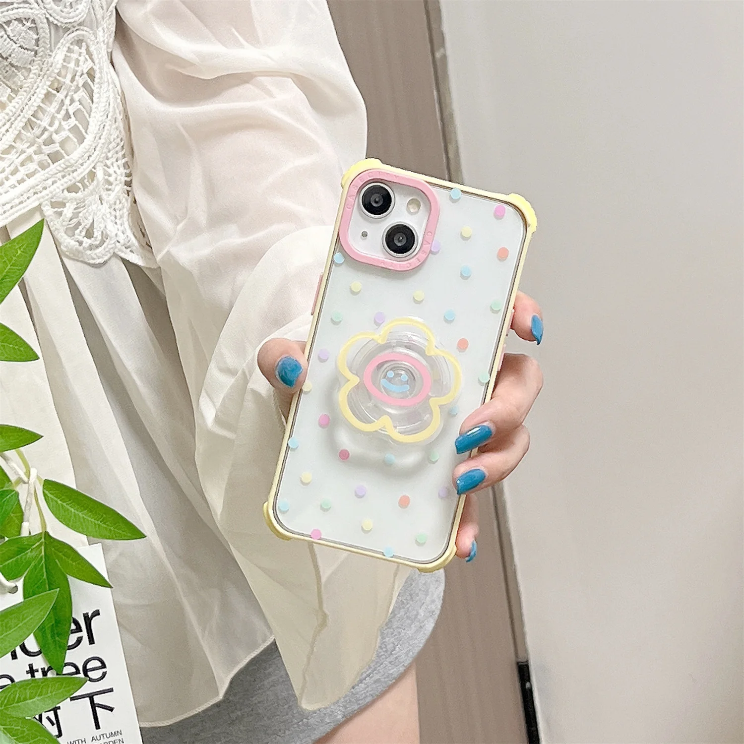 INS Full Screen Colourful Dots Cute Cartoon Flower Bracket Transparent Phone Case for iPhone 15 14 13 Pro Max Pro Back Cover