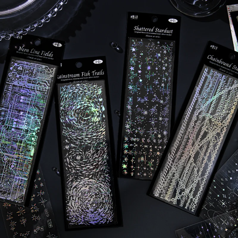 3D Laser Stickers Silver 3PCS Holographic Scrapbooking Stickers for Journal DIY Decoration for Planners Cards 4 Designs Mr Paper