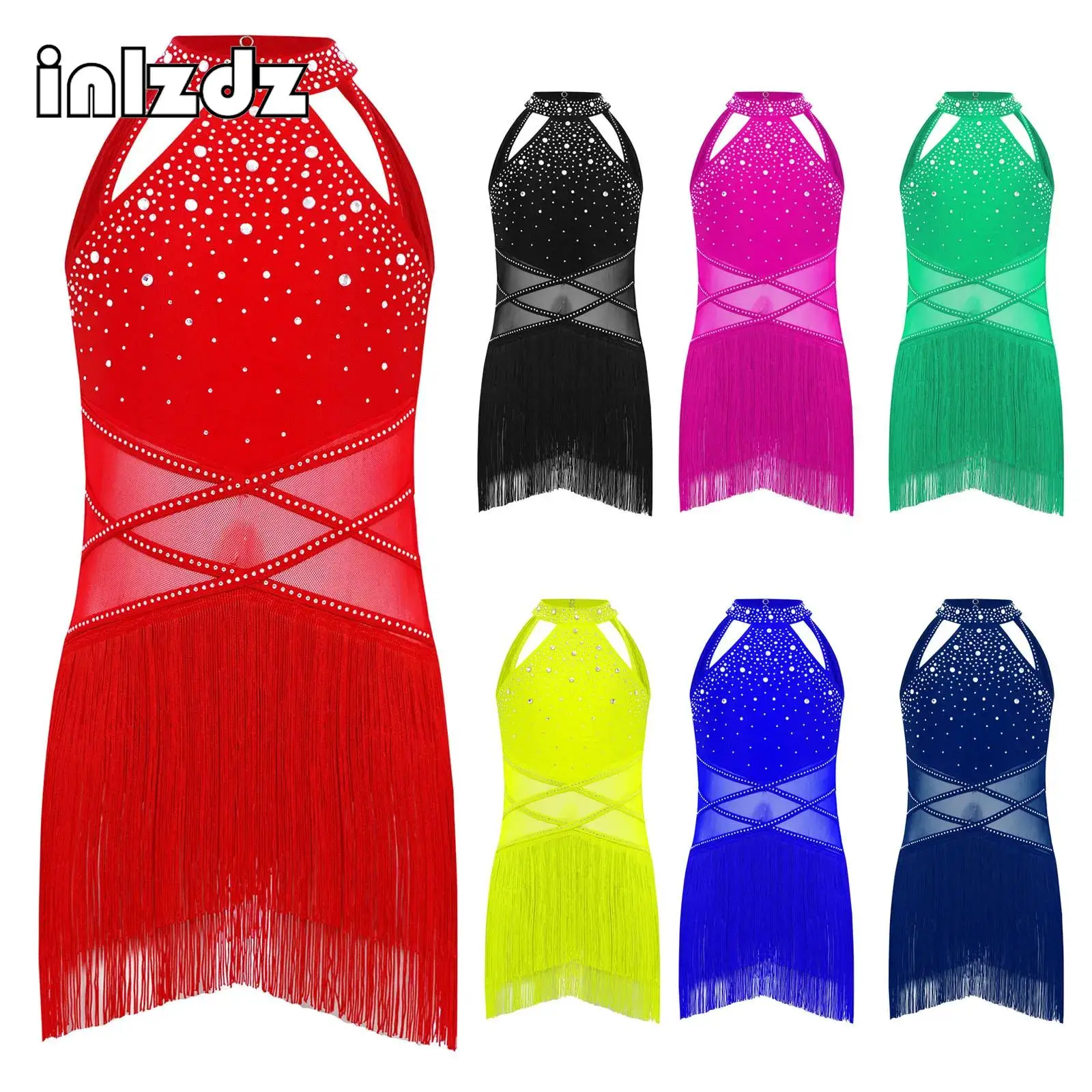

Jazz Dance Dress Kids Girls Shiny Rhinestones Sheer Mesh Strappy Backless Tassel Latin Samba Cha-cha Dress Performance Costume