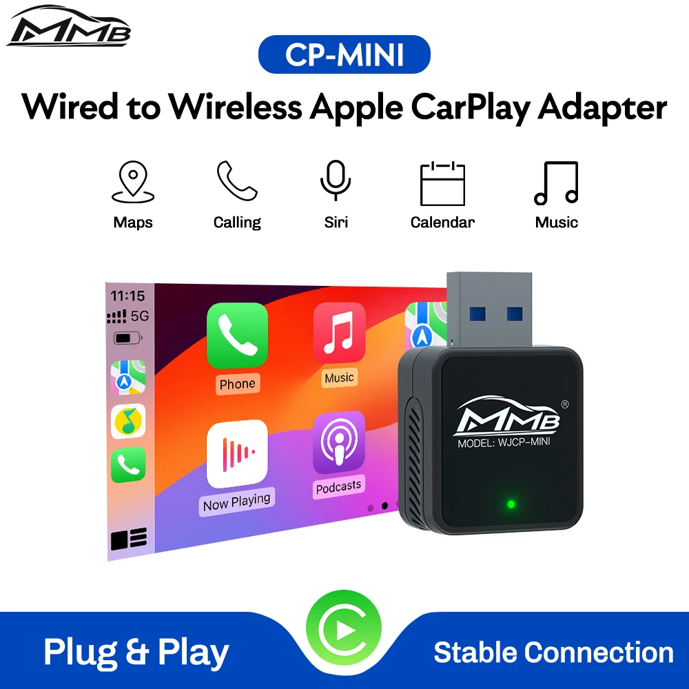 Adaptor mobil MMB, Mini berkabel ke Apple Carplay nirkabel, adaptor Wifi Bluetooth 5.2, pasang dan Mainkan Fota Upgrade untuk navigasi mobil