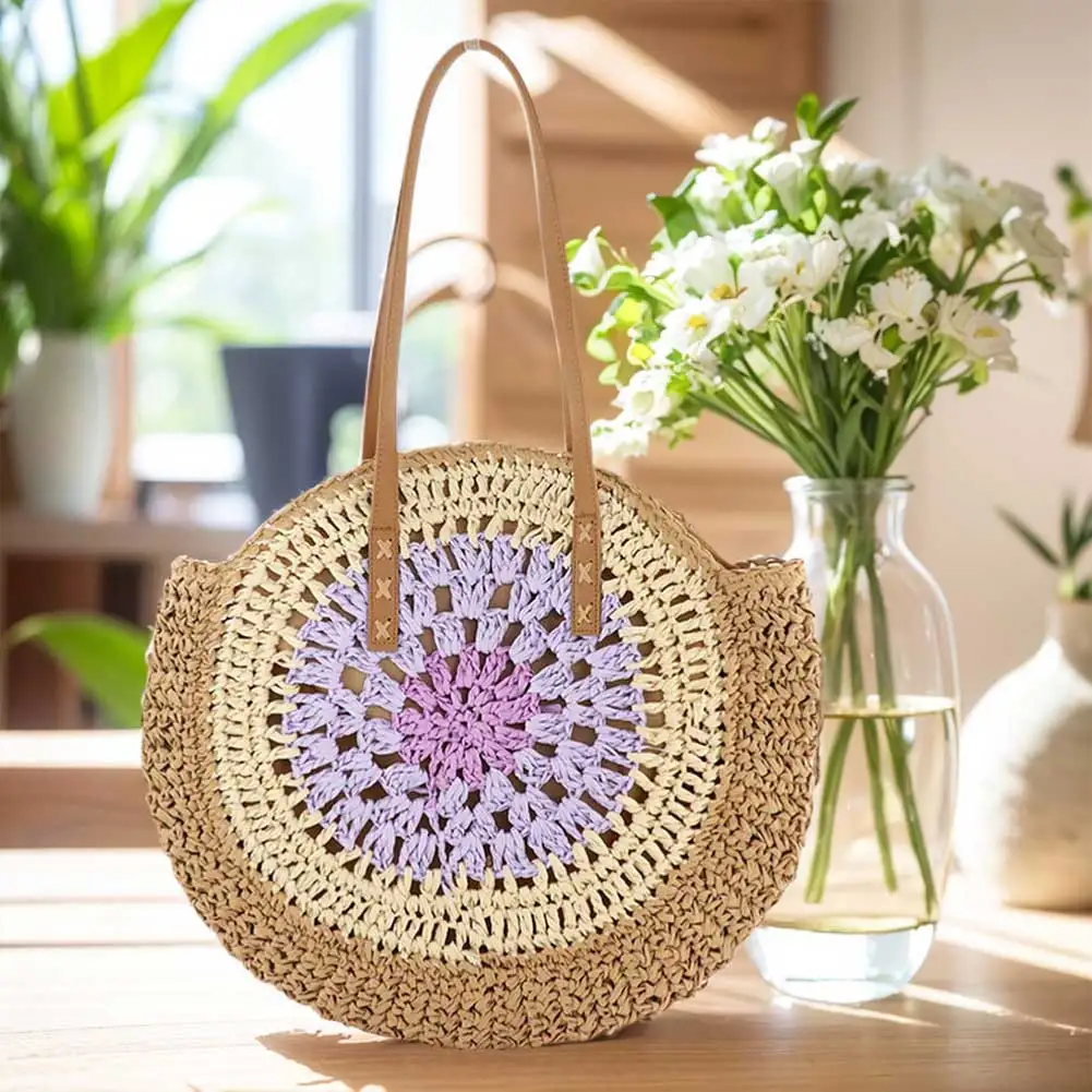 Round Casual Tote Bag with Zipper Closure Vacation Bag Trendy Large Woven Beach Bag Holiday Travel Handbag for Women and Girls