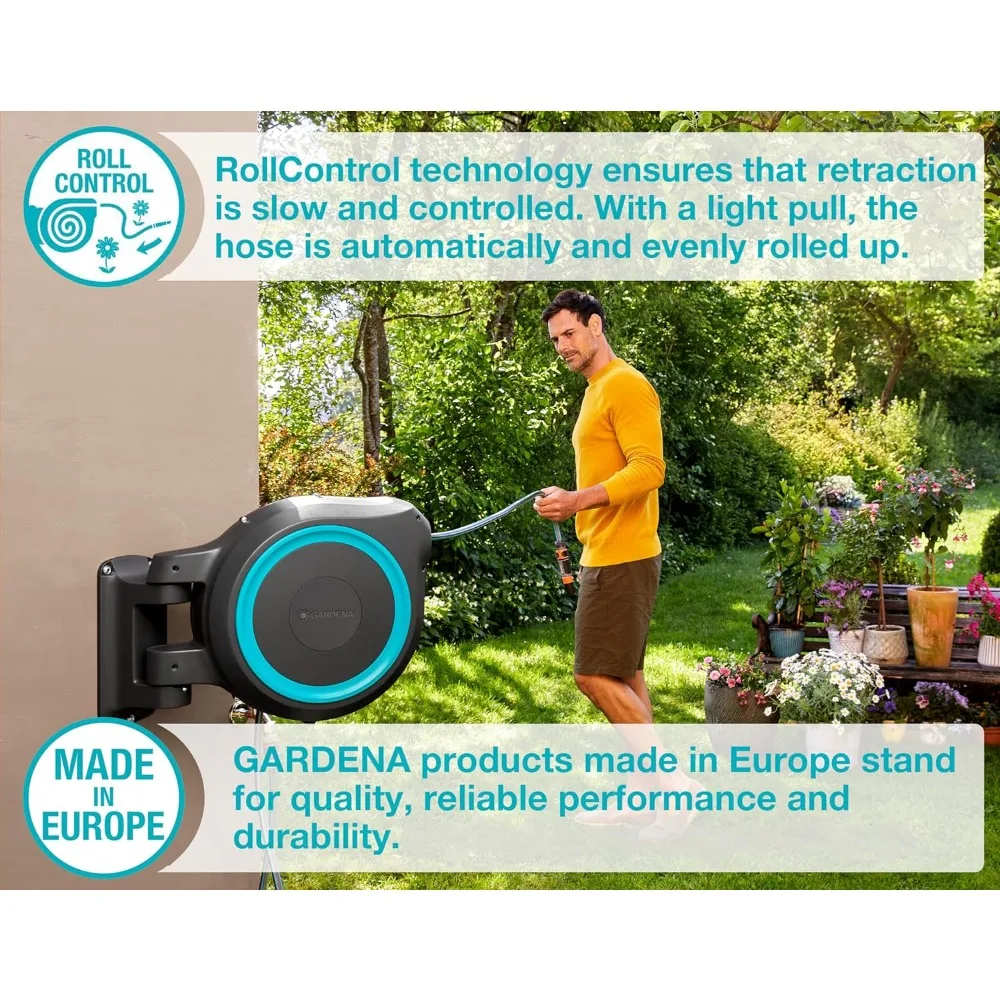 115' ft. Wall Mounted Retractable Hose Reel, Black and Turquoise