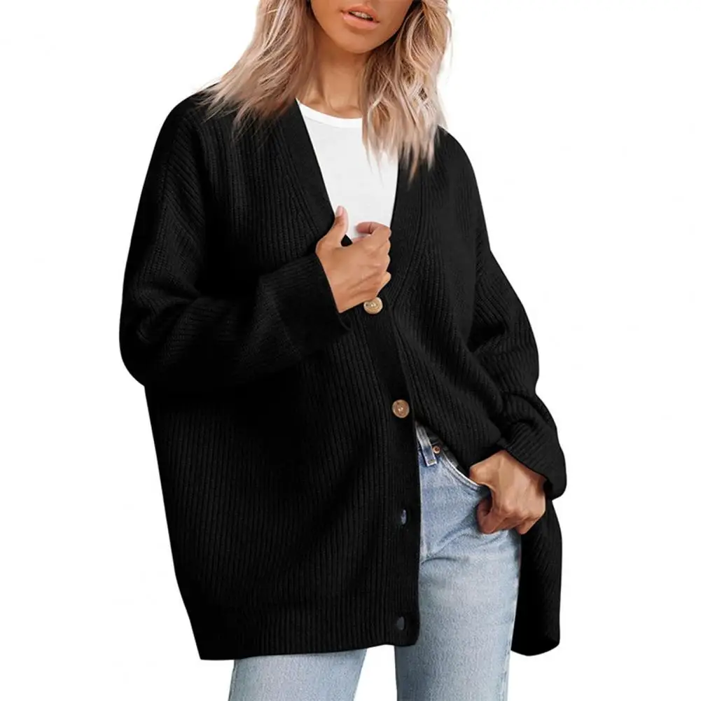 Women Solid Color Sweater Coat Stylish Women's V-neck Sweater Coat Loose Fit Ribbed Knitting Cardigan Outwear for Autumn Winter