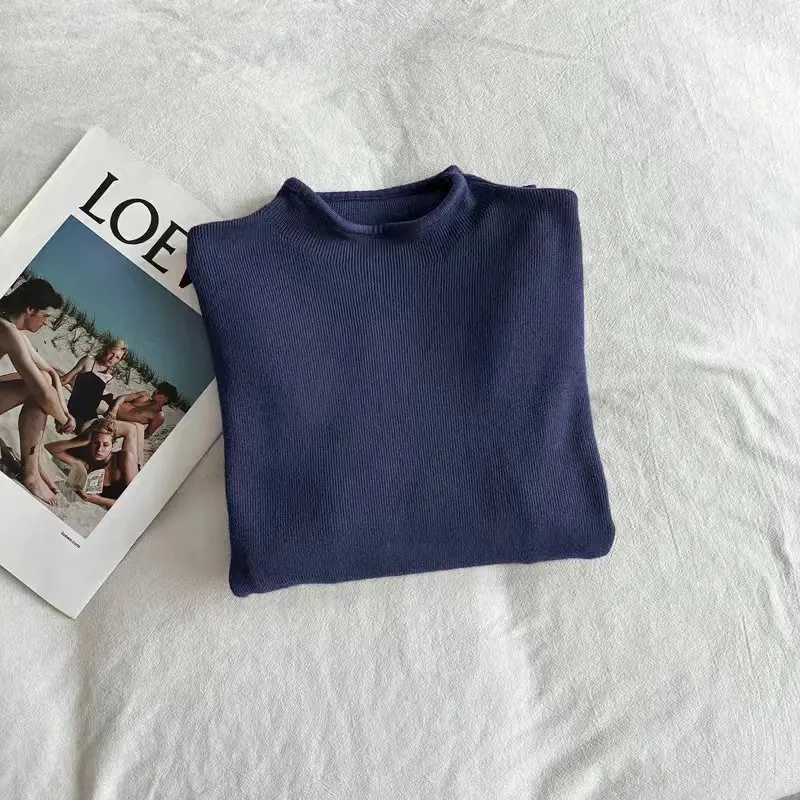 Pulôver suéter apertado de manga comprida com guarnição de orelha preta camada base pulôver feminino outono inverno top