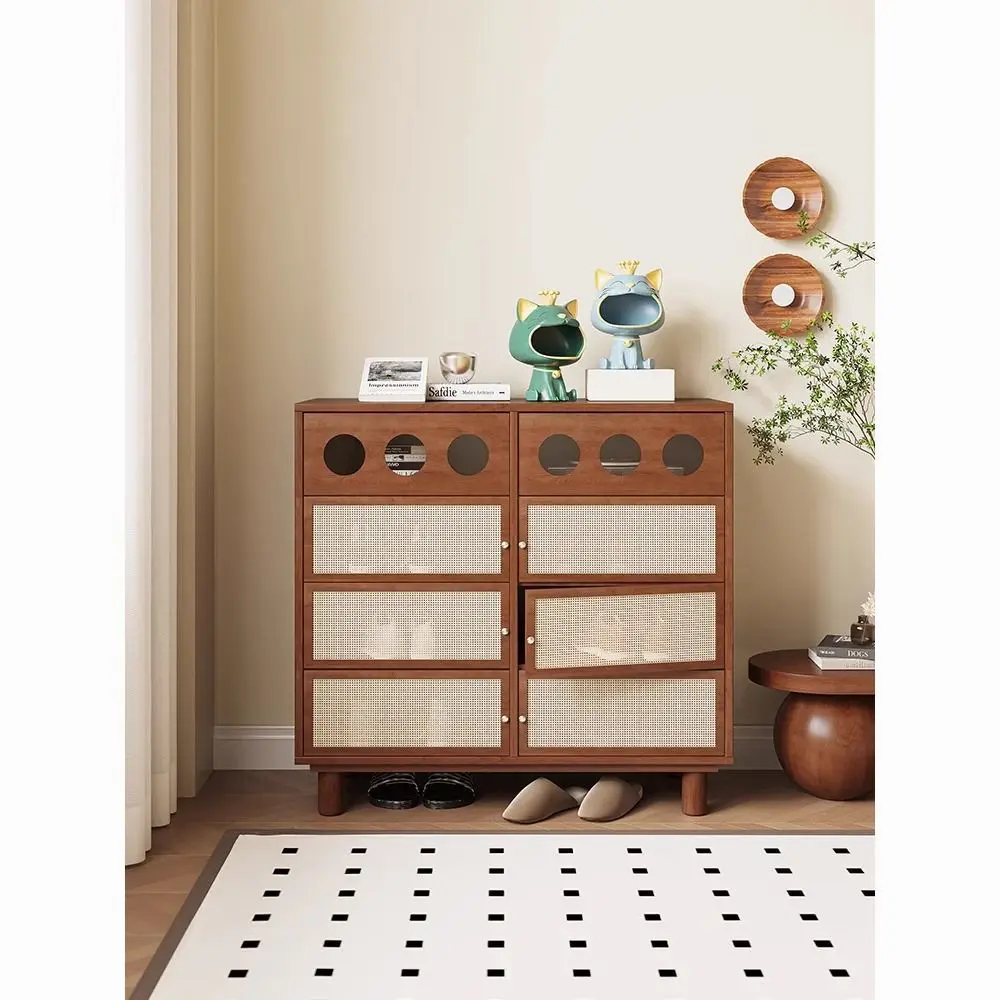 

Simple retro solid wood tipping bucket shoe cabinet household small apartment rattan entrance entrancestorage locker durable