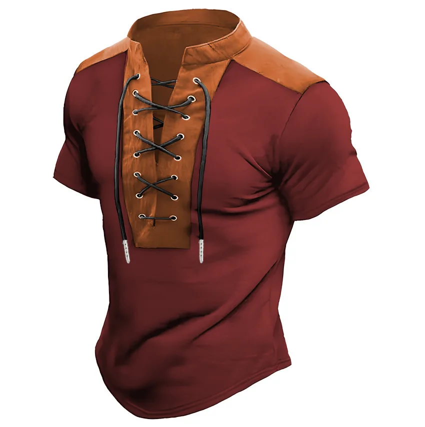 T Shirt Vintage Drawstring Stand Collar Polo Shirts Summer Men Casual Short Sleeve Tops For Mens Retro Patchwork Polo T Shirts
