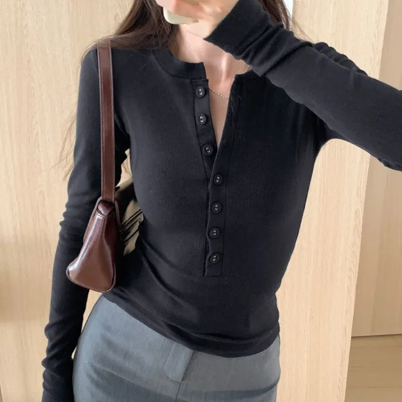 Casual Spring Autumn Korean Version Pure Desire Style Sexy Slim Retro Open Collar Long Sleeve Round Neck Bottoming Shirt Top