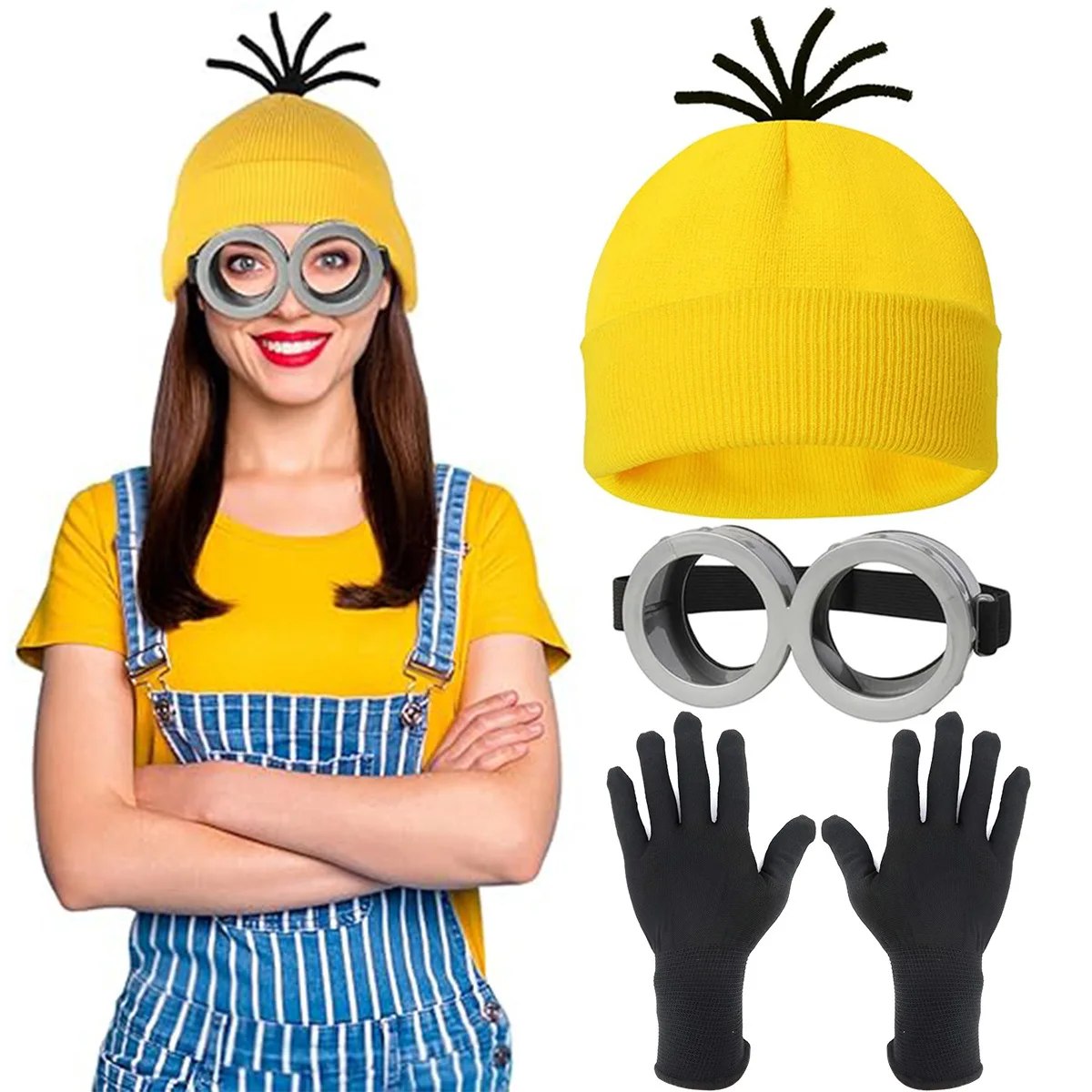 قفازات قبعة محبوكة للهالوين مينيون، نظارات شبكية، تنورة بحزام كتف، مجموعة إكسسوارات فستان للبالغين