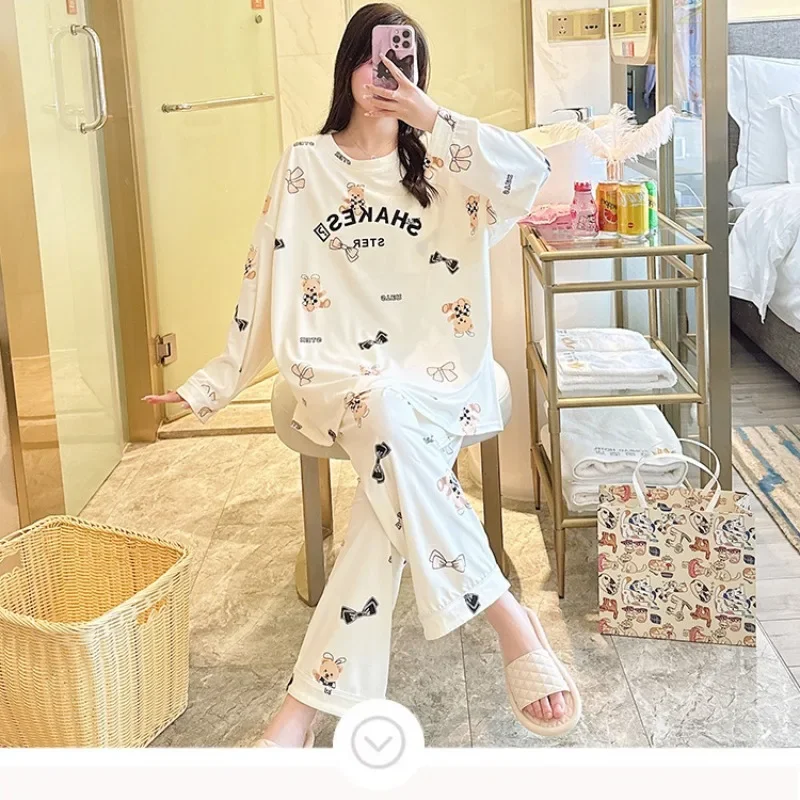 5XL Plus Size Ladies Pajamas Set with Chest Pad Korean Autumn Students Loose Loungewear Long Sleeve Tops and Trouser Home Wear