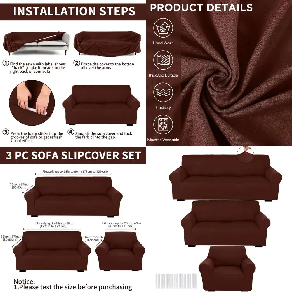 

Комплект из 3-х чехлов для дивана - Эластичные чехлы для дивана, двухместного дивана и кресла - Коричневый и молочный шелк-спандекс, облегающие, хорошо сидят на мебели