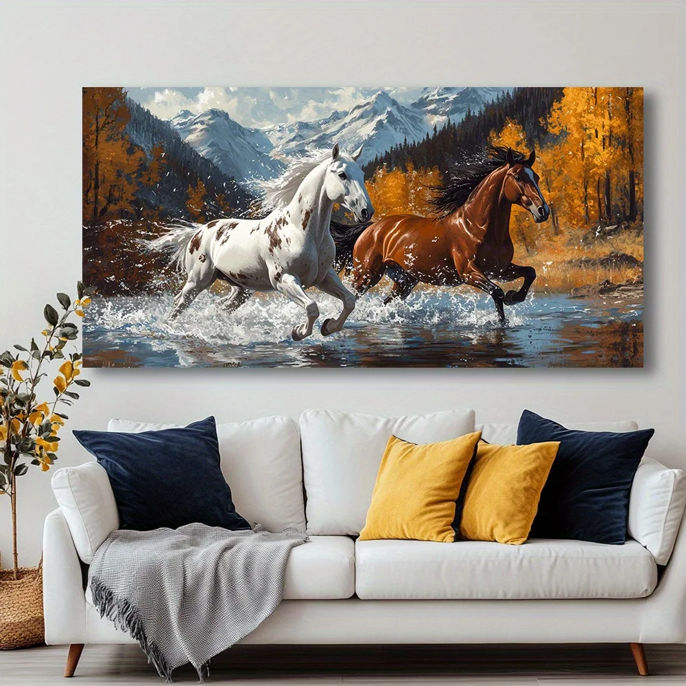 Large-sized frameless canvas paintings,Two Galloping Horses Poster and Prints Animal White and Brown Horse Canvas Painting Wall