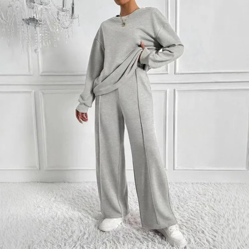 

2026New Women's Two Piece Set Long Sleeve Top with Wide Leg Pants Casual Fall Winter Outfits Tracksuit