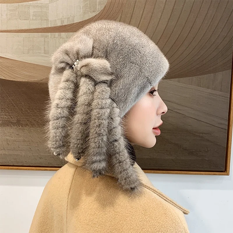 

Ladies Warm Fur Winter Hat Temperament Ladies Thickened Mink Fur Ear Protection Hat Fringe Decorative Outdoor Fashion Cowl Hat