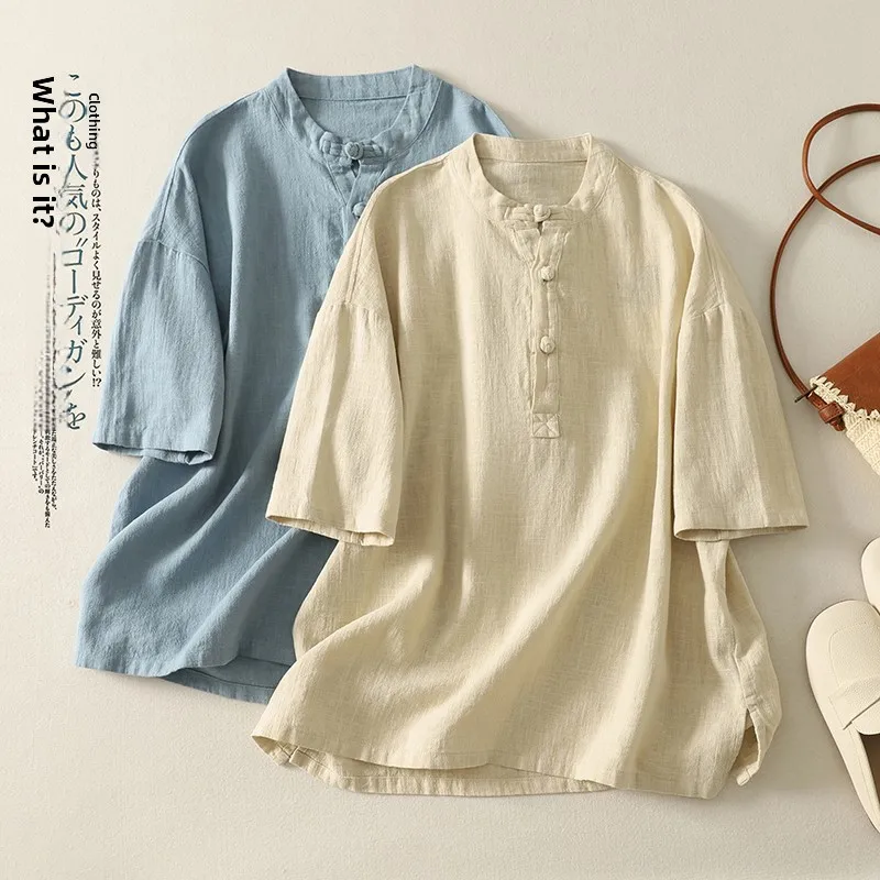 

Retro Chinese Style Cotton Linen Women's Shirt Loose Tea Costume Casual Zen Short Sleeve Top T-Shirt Small Shirt