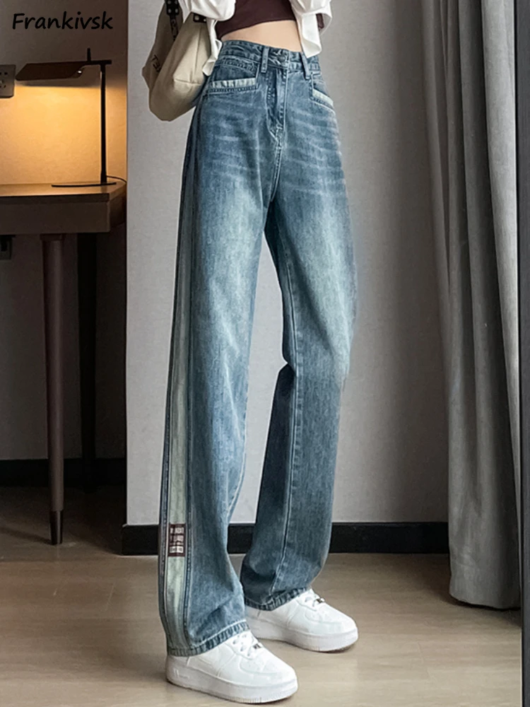 

Jeans Women Straight Contrast Color Vintage Comfortable Basic Full Length Simple Spring All-match Streetwear Casual Korean Style