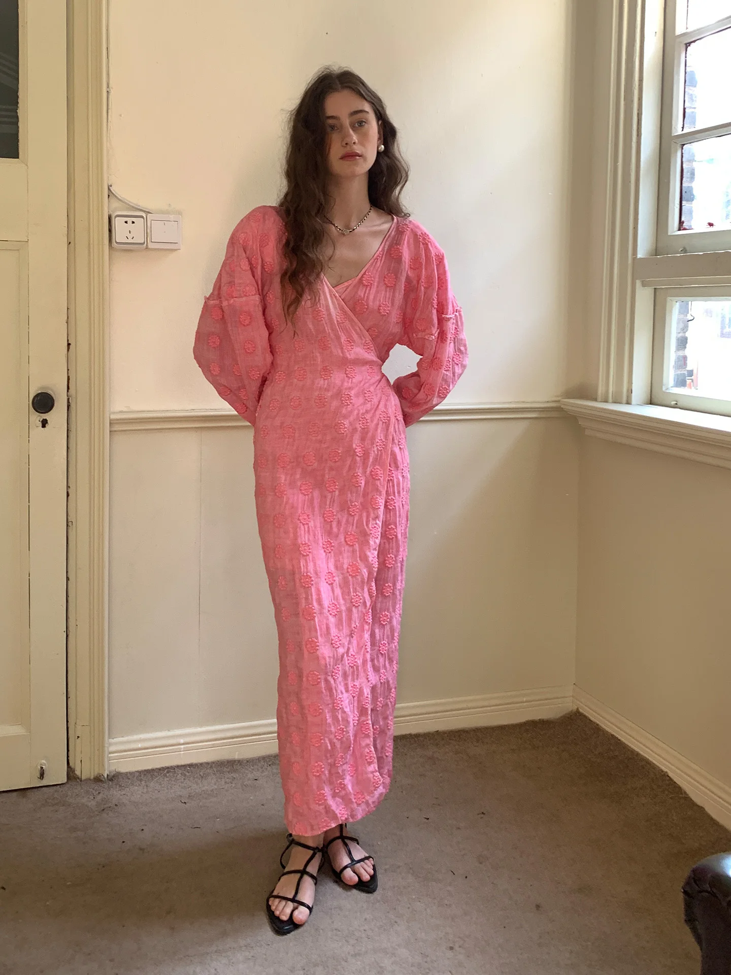 

Ele Long Sve Women's Dr Pink Slim Fit Waist Cinched Split Autumn Winter Faion Simple Ci Commute V Ne Gown