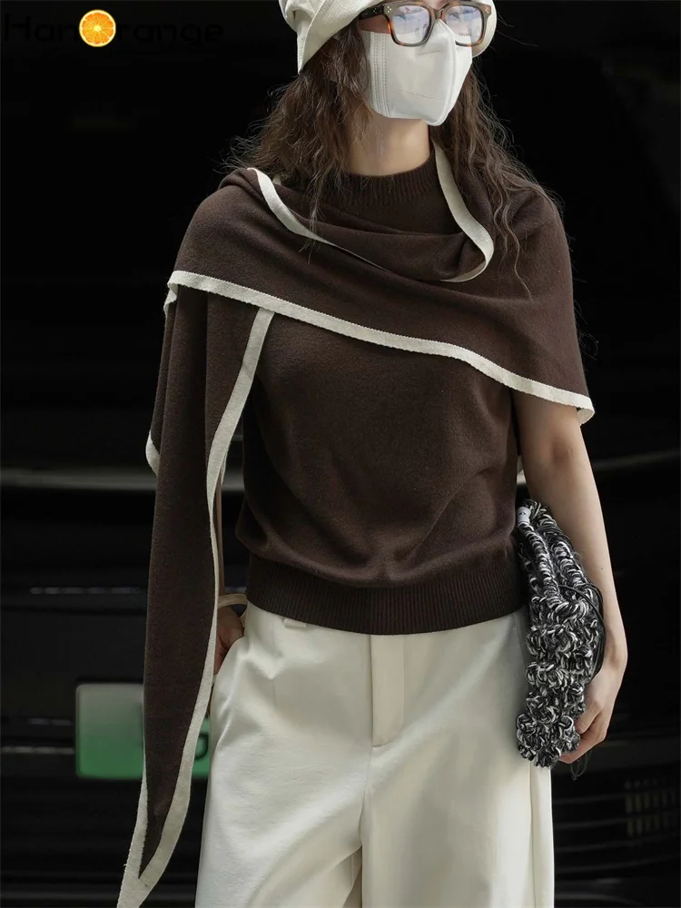 

HanOrange 2025 Осенний модный леничий контрастный свитер + шаль, комплект из 2 предметов, женский темно-синий/темно-кофейный