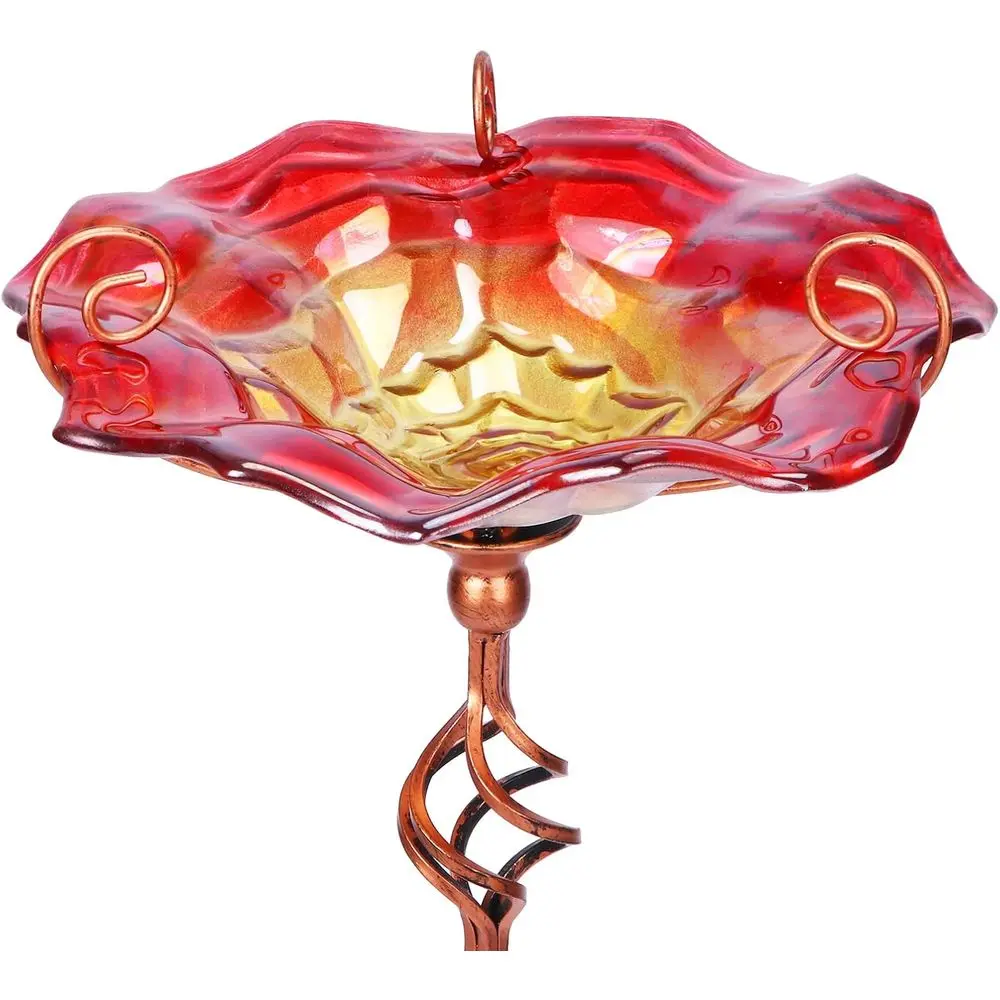 Glass BirdBath Outdoor Bird Feeder with Metal Stake Garden Decor Red | Handcrafted Glass Bird Bath for Attracting Backyard Birds