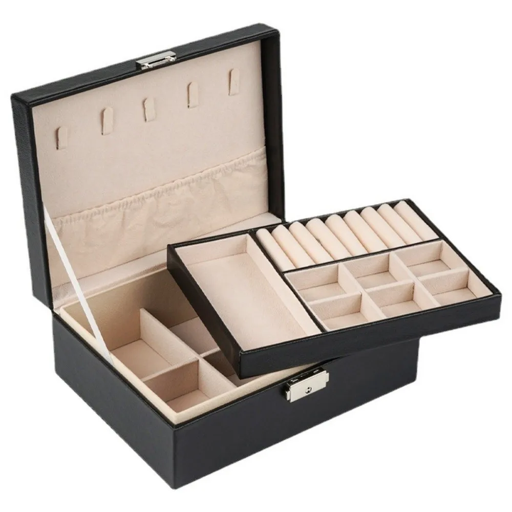 

2 Layer Double-layer Jewelry Box PU Leather Elegant Leather Jewelry Organizer Dustproof with Lock Jewelry Display Case