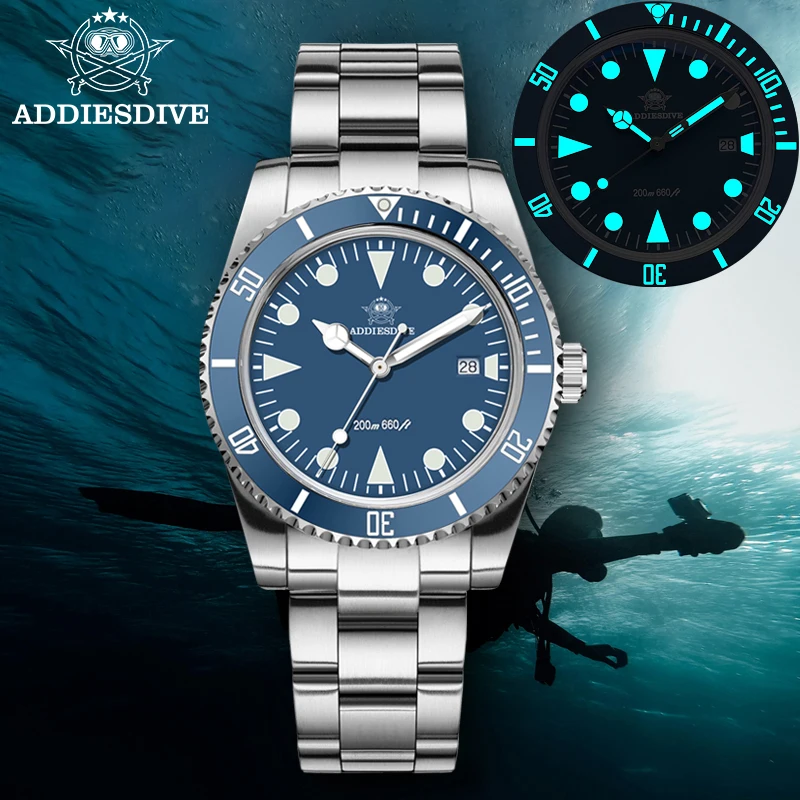 

ADDIESDIVE Роскошные мужские аналоговые часы для дайвинга, водонепроницаемые до 200 м, стальные кварцевые часы K1 с купольным стеклом, керамический безель, модель AD2068