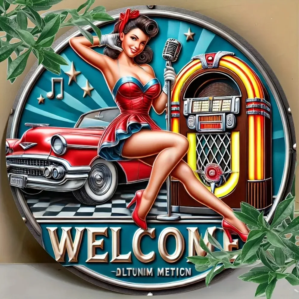 لوحة فنية جدارية حديدية عتيقة: ميكروفون براقة وتصميم نسائي للبار أو المقهى أو غرفة النوم أو غرفة الموسيقى - قطعة بيان ريترو شيك