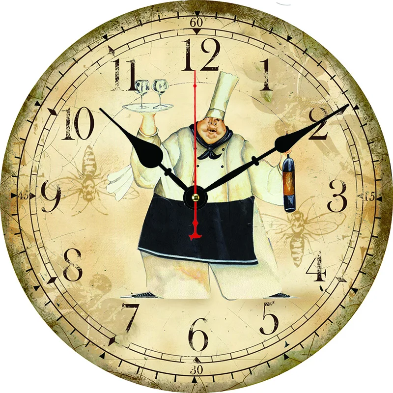 Reloj de pared redondo con diseño de Chef de vino para cocina Vintage, sala de estar, dormitorio, cocina, decoración del hogar, reloj de pared, reloj de cuarzo silencioso