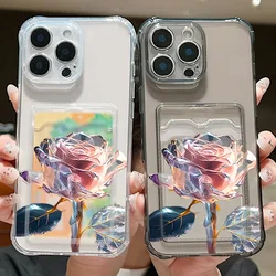 Rose Flowers Pattern Case For iPhone 17 Air 16 15 14 13 12 Pro Max 15 17 Pro 11 16E Soft TPU Clear Card Slot Pocket Phone Cover