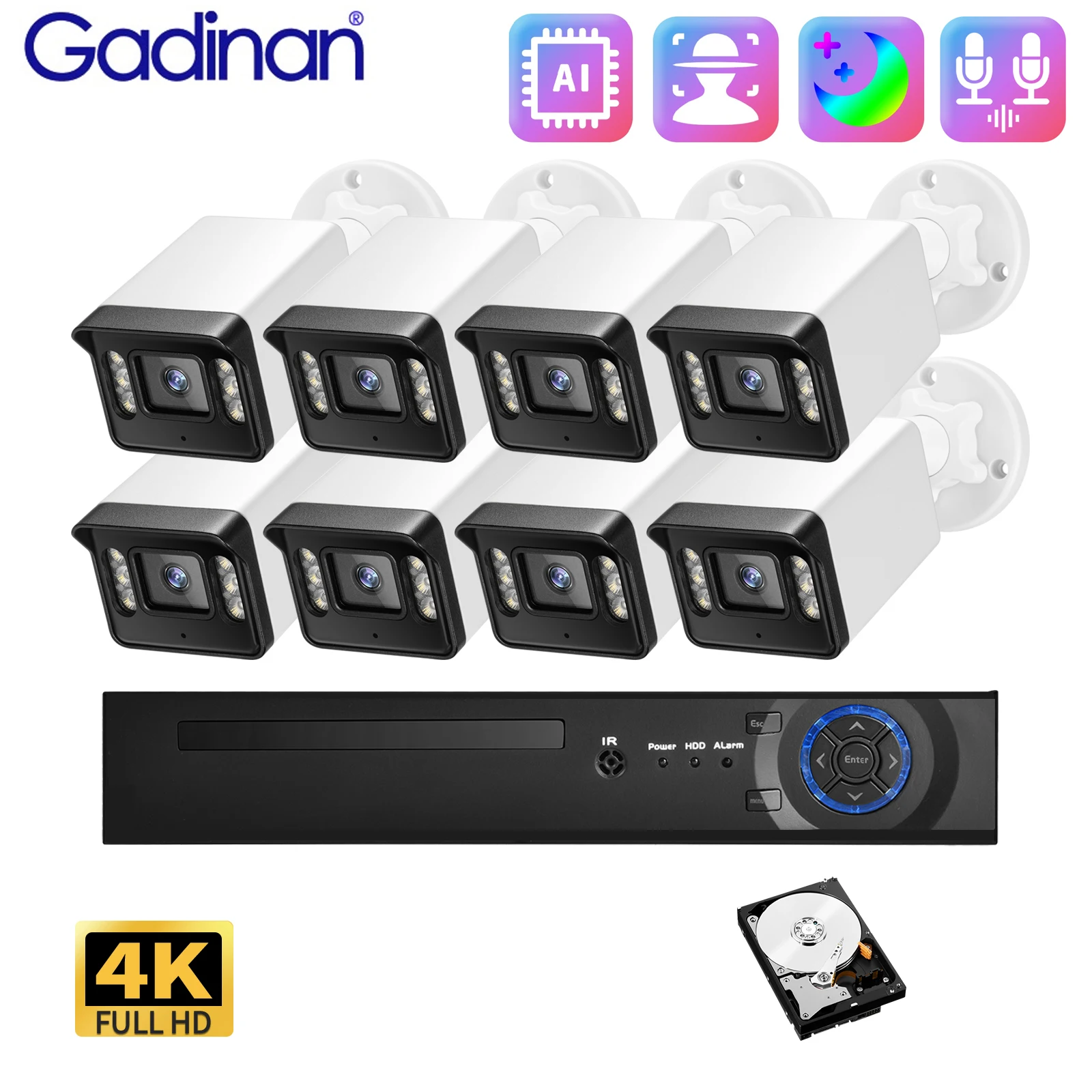 Gadinan 4CH/8CH 4MP Color Night Vision Security Camera System Face Detection POE NVR Set H.265+ Outdoor Two Way Audio Webcam CCT