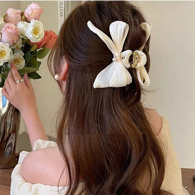 Fashion Elegant French Style Pearl Bow Hair Clip Women's Tail Wrap Shark Clip High End Hairpin Grasp Girls Hair Accessories