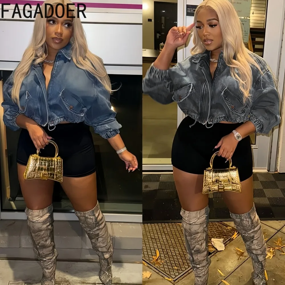 

FAGADOER Y2K Fashion Denim Jacket Woman Wash Pocket Patchwork Long Sleeves Crop Coat Female Streetwear Clothing 2025 Winter New