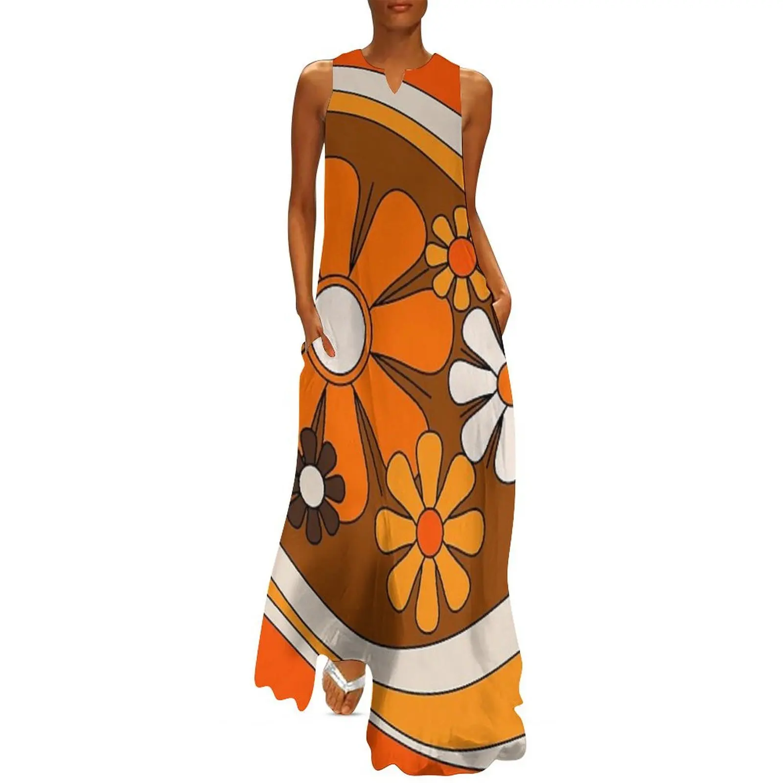 

Floral Daydream Retro Flower Lined Pattern in 70s Orange and Brown Long Dress Dress vintage