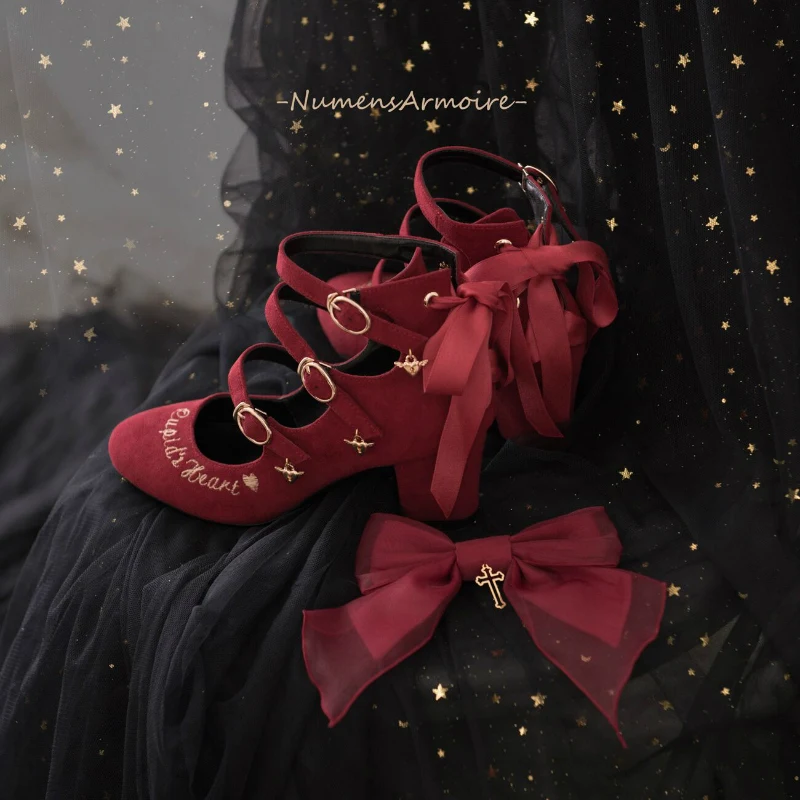Autumn Japanese Retro Lolita Bow Suede High Heels Women's Cupid Heart Three-buckle Elegant Lo Pointed Mary Jane Shoes Female