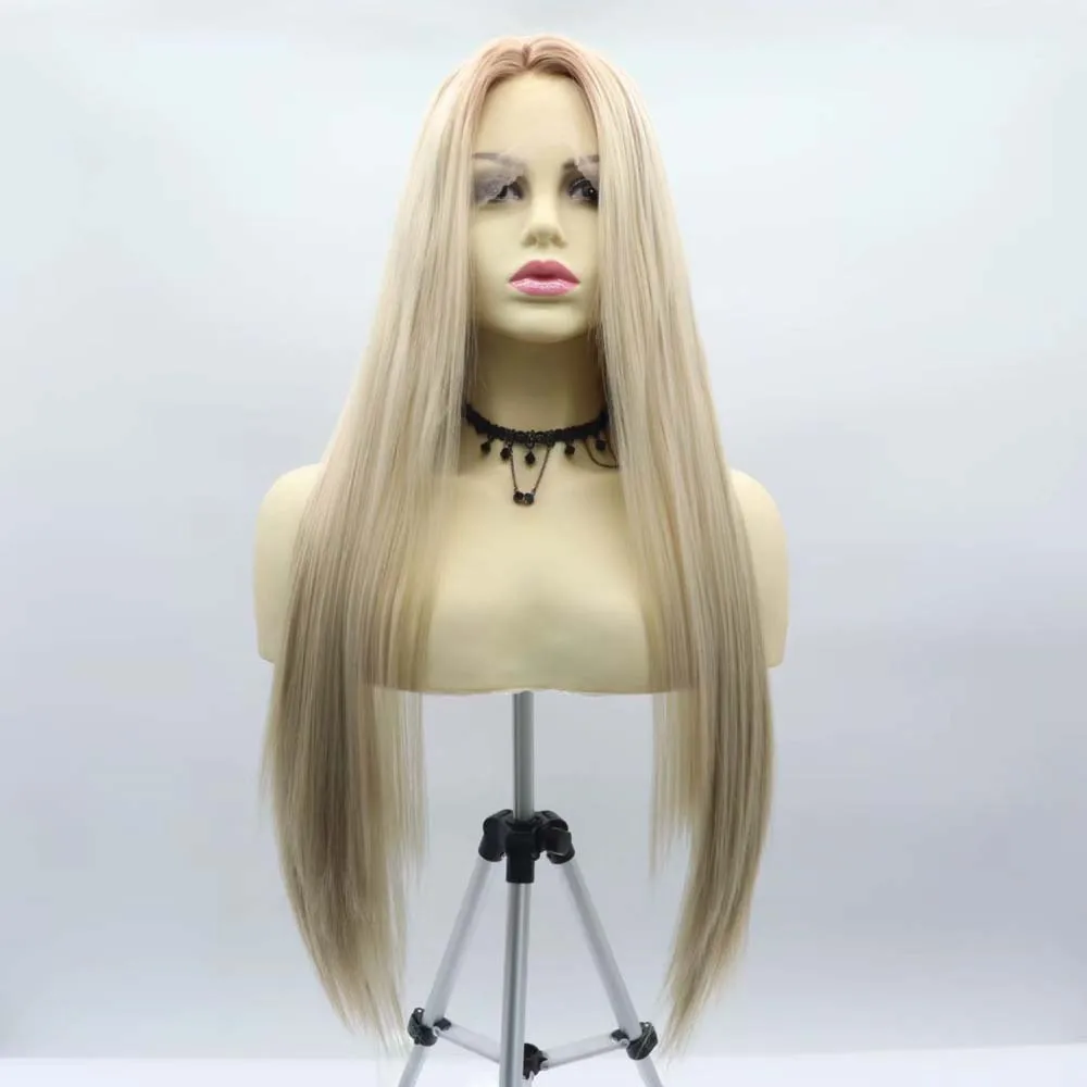 

Парики Sylvia Синтетический блондин парик фронта шнурка с темными корнями Длинные шелковистые прямые парики Термостойкое волокно Блондинка парики шнурка