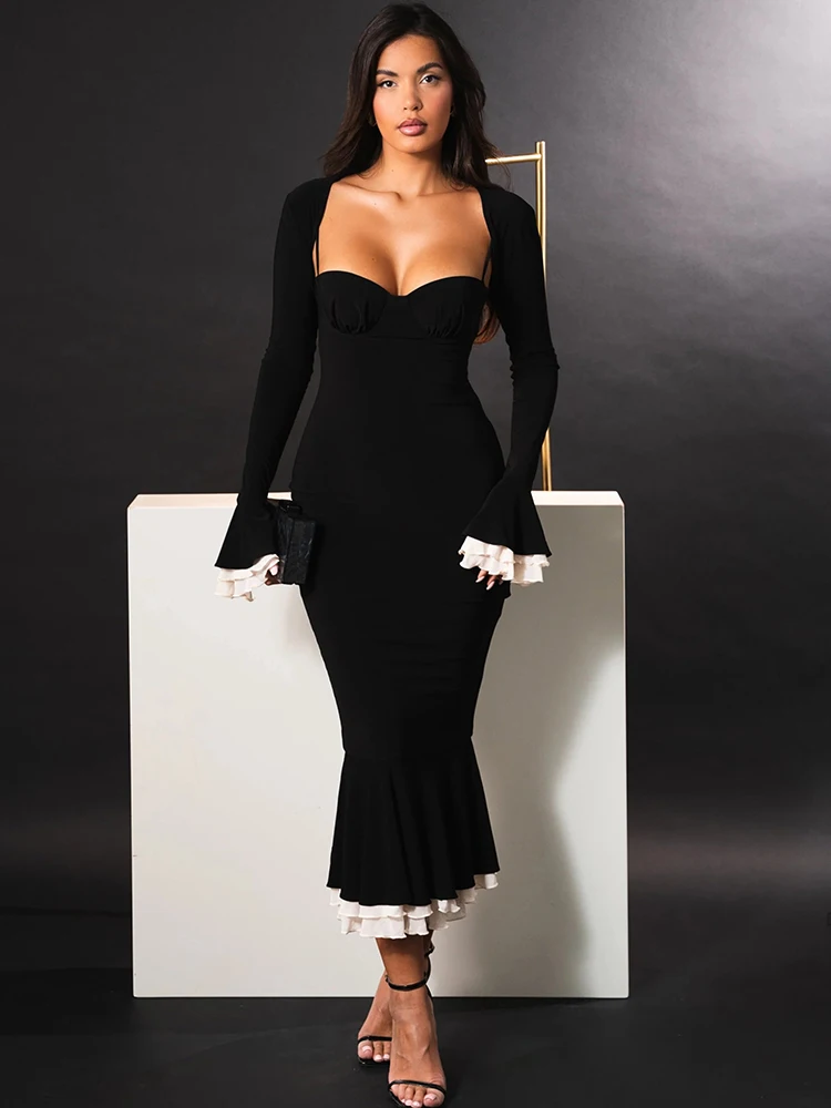 JULISSA MO Sexy Square Collar Two Piece Sets Women Mermaid Dress Flare Sleeve Evening Dress Female Skinny Elegant Party Clubwear